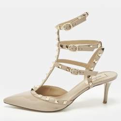 Pre Owned حذاء كعب عالي فالنتينو روكستود جلد بيج بحزام للكاحل مقاس 39.5