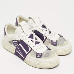 Pre Owned Valentino VLTN Size 39 White/Purple Leather and Mesh Low Top Sneakers