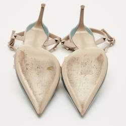 Pre Owned حذاء كعب عالي فالنتينو حزام عند الكاحل جلد لامع وأزرق بيج مزين بالمسامير مقاس 38.5