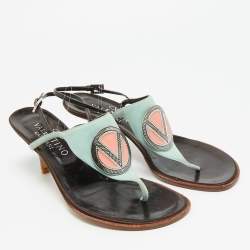 مملوكة مسبقًا صندل فالنتينو فلات مزين جلد أسود خيط بين الأصابع مقاس 37.5