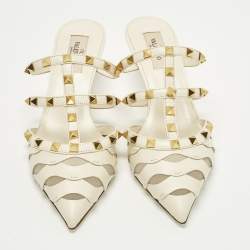 مملوكة مسبقًا Valentino Rockstud Wave Size 37.5 Beige Leather Mules