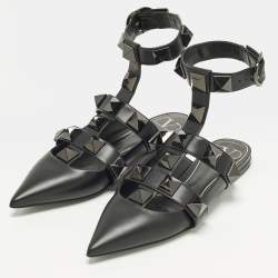 Pre Owned حذاء باليرينا فلات فالنتينو رومان ستد جلد أسود بحزام للكاحل مقاس 37