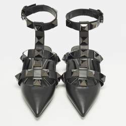 Pre Owned حذاء باليرينا فلات فالنتينو رومان ستد جلد أسود بحزام للكاحل مقاس 37