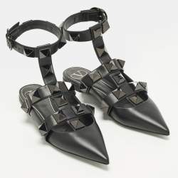 Pre Owned حذاء باليرينا فلات فالنتينو رومان ستد جلد أسود بحزام للكاحل مقاس 37