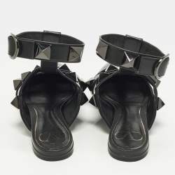 Pre Owned حذاء باليرينا فلات فالنتينو رومان ستد جلد أسود بحزام للكاحل مقاس 37