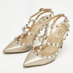 مملوكة مسبقًا Valentino Rockstud Size 38 Metallic Leather Ankle Strap Pumps