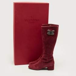 مملوكة مسبقًا حذاء بوت فالتنينو جلد أحمر بطول الركبة مقاس 40