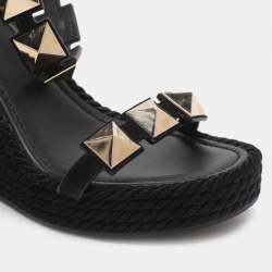 مملوكة مسبقًا صندل فالنتينو سهل منصة الوتد الجلد المدبوغ الأسود الحجم 39