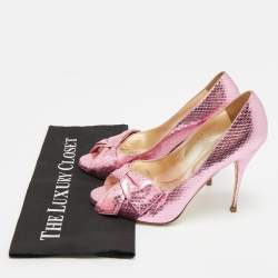 Pre Owned Valentino Size 39 Pink Snakeskin Embossed Leather Bow Peep Toe Pumps