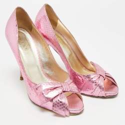 Pre Owned Valentino Size 39 Pink Snakeskin Embossed Leather Bow Peep Toe Pumps