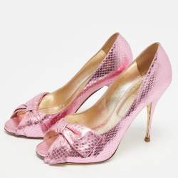Pre Owned Valentino Size 39 Pink Snakeskin Embossed Leather Bow Peep Toe Pumps