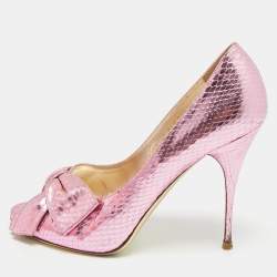Pre Owned Valentino Size 39 Pink Snakeskin Embossed Leather Bow Peep Toe Pumps