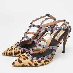 Pre Owned حذاء كعب عالي فالنتينو جلد معدني مرصع روكستد سير كاحل مقاس 36.5