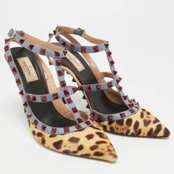 Pre Owned حذاء كعب عالي فالنتينو جلد معدني مرصع روكستد سير كاحل مقاس 36.5