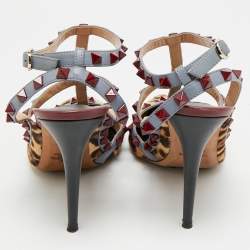 Pre Owned حذاء كعب عالي فالنتينو جلد معدني مرصع روكستد سير كاحل مقاس 36.5