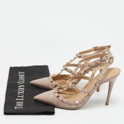 Pre Owned Valentino Rockstud Size 39 Beige Leather Ankle Strap Pumps