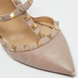Pre Owned Valentino Rockstud Size 39 Beige Leather Ankle Strap Pumps