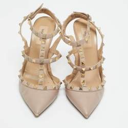 Pre Owned Valentino Rockstud Size 39 Beige Leather Ankle Strap Pumps