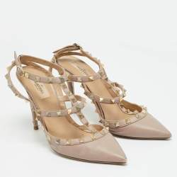 Pre Owned Valentino Rockstud Size 39 Beige Leather Ankle Strap Pumps