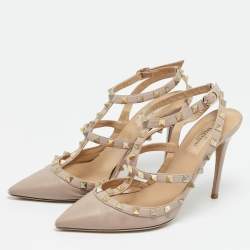Pre Owned Valentino Rockstud Size 39 Beige Leather Ankle Strap Pumps
