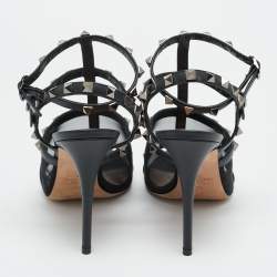 مملوكة مسبقًا صندل فالنتينو روكستد جلد أسود بحزام للكاحل مقاس 39