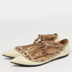 Pre Owned Valentino Rockstud Size 38  Cream/Pink Leather and Patent Leather Ballet Flats