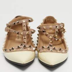 Pre Owned Valentino Rockstud Size 38  Cream/Pink Leather and Patent Leather Ballet Flats