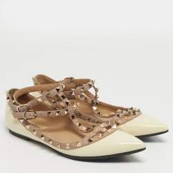 Pre Owned Valentino Rockstud Size 38  Cream/Pink Leather and Patent Leather Ballet Flats