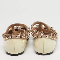 Pre Owned Valentino Rockstud Size 38  Cream/Pink Leather and Patent Leather Ballet Flats