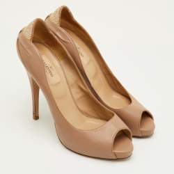Pre Owned Valentino Size 38 Beige Leather Platform Peep Toe Pumps