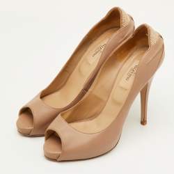 Pre Owned Valentino Size 38 Beige Leather Platform Peep Toe Pumps