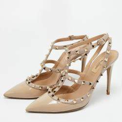 Pre Owned Valentino Rockstud Size 41 Beige Leather and Patent Leather Pumps
