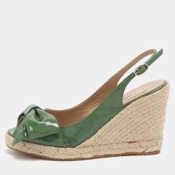 Pre Owned Valentino Bow Size 37 Green Patent Leather Wedge Slingback Sandals