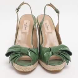 Pre Owned Valentino Bow Size 37 Green Patent Leather Wedge Slingback Sandals