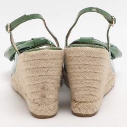 Pre Owned Valentino Bow Size 37 Green Patent Leather Wedge Slingback Sandals