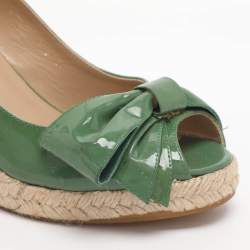 Pre Owned Valentino Bow Size 37 Green Patent Leather Wedge Slingback Sandals