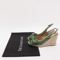Pre Owned Valentino Bow Size 37 Green Patent Leather Wedge Slingback Sandals