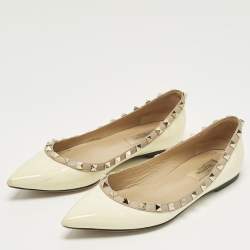 Pre Owned Valentino Rockstud Size 37.5 Cream Leather and Patent Leather Ballet Flats