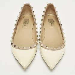 Pre Owned Valentino Rockstud Size 37.5 Cream Leather and Patent Leather Ballet Flats