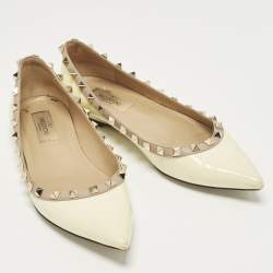 Pre Owned Valentino Rockstud Size 37.5 Cream Leather and Patent Leather Ballet Flats