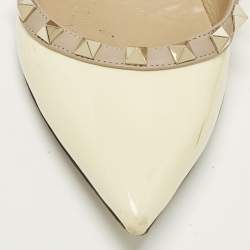Pre Owned Valentino Rockstud Size 37.5 Cream Leather and Patent Leather Ballet Flats