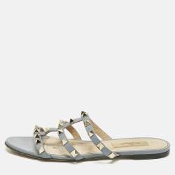 Pre Owned Valentino Rockstud Size 36 Light Blue Leather Flat Slide