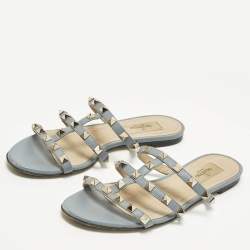 Pre Owned Valentino Rockstud Size 36 Light Blue Leather Flat Slide