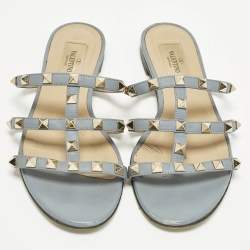 Pre Owned Valentino Rockstud Size 36 Light Blue Leather Flat Slide