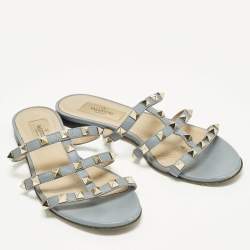 Pre Owned Valentino Rockstud Size 36 Light Blue Leather Flat Slide
