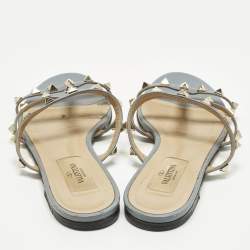 Pre Owned Valentino Rockstud Size 36 Light Blue Leather Flat Slide