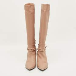 Pre Owned حذاء بوت فالنتينو روكستود جلد وردي غامق بطول الركبة مقاس 38