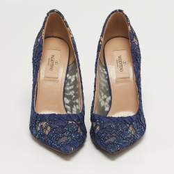 Pre Owned Valentino Size 38 Navy Blue Lace Crystal Embellished Pointed Toe Pumps