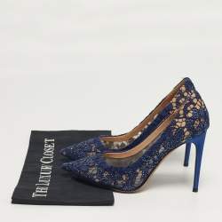 Pre Owned Valentino Size 38 Navy Blue Lace Crystal Embellished Pointed Toe Pumps