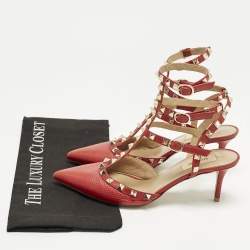 مملوكة مسبقًا حذاء كعب عالي فالنتينو سير كاحل روكستد جلد أحمر/بيج مقاس 37.5